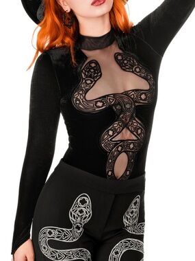 Restyle Cathedral Snake Long Sleeve Velvet Bodysuit